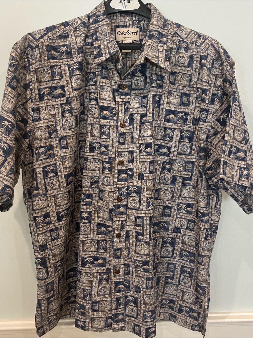 Cooke Street Honolulu Blue/Tan Palms Short Sleeved Hawaiian Shirt - Size 2XL